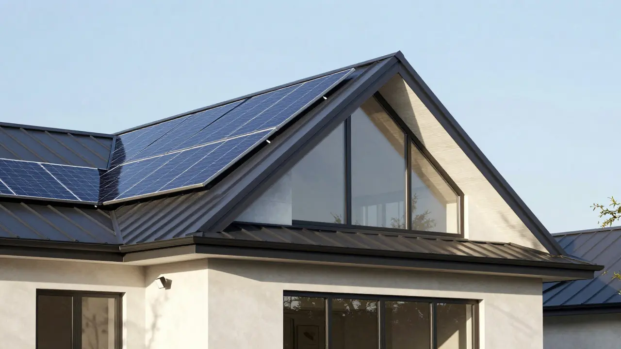 Ranch home roof with solar tiles and clerestory windows for natural light