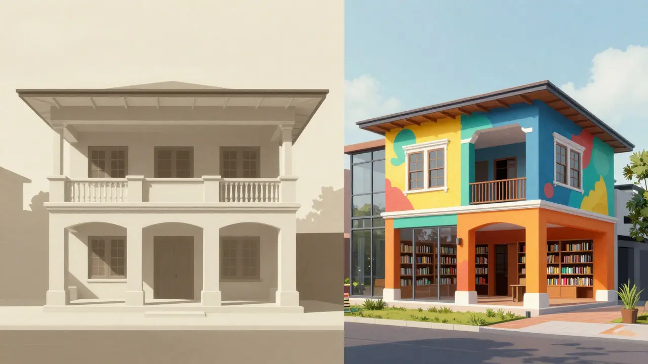 Split view of a colonial bungalow transformed into a vibrant community library.