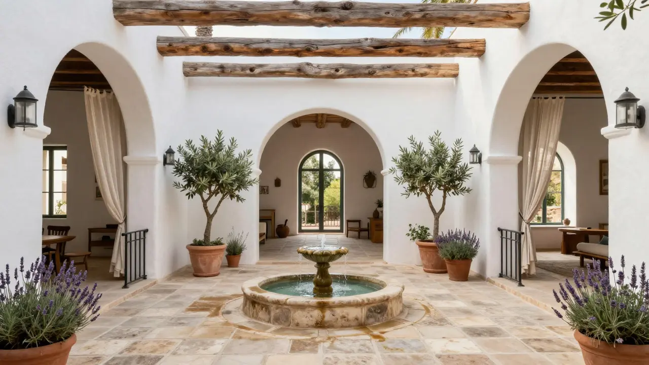 Sunlit interior courtyard with arches, wooden beams, and potted plants in a Mediterranean home