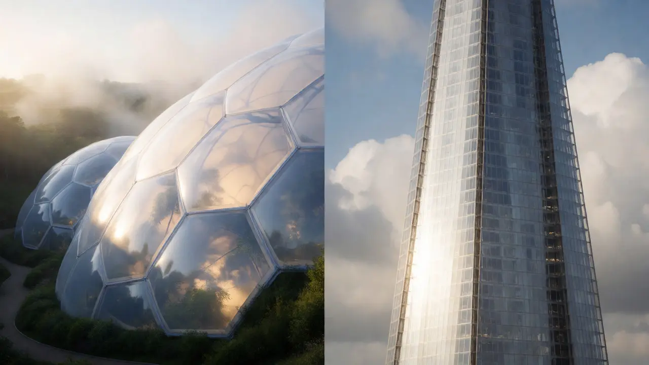 Comparison of Eden Project ETFE domes and The Shard's tapered glass facade in the UK.