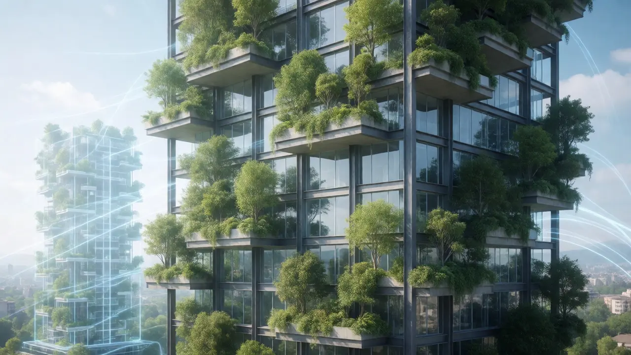 Future biophilic high-tech skyscraper integrating vertical forests and digital twin overlays.