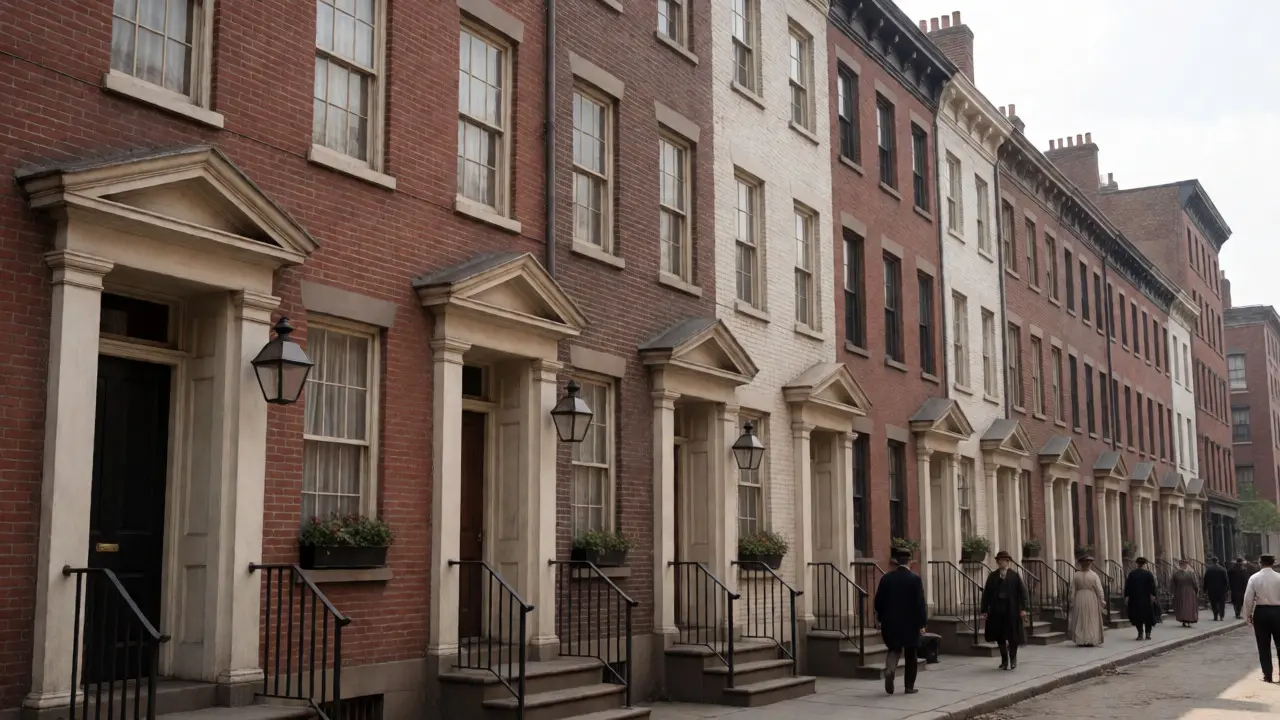 Historic city row houses with Greek Revival wooden facades and pediments