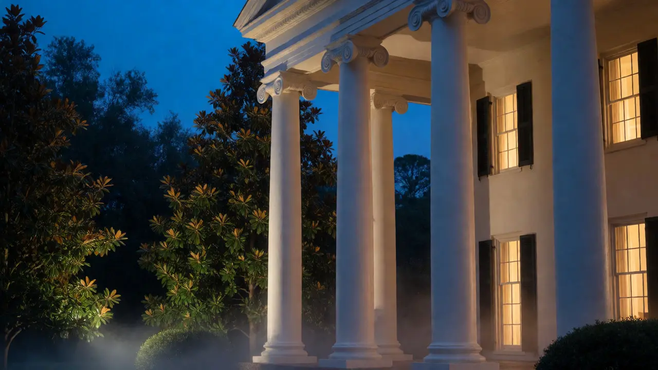 Southern plantation home with large Ionic columns and greenery at twilight